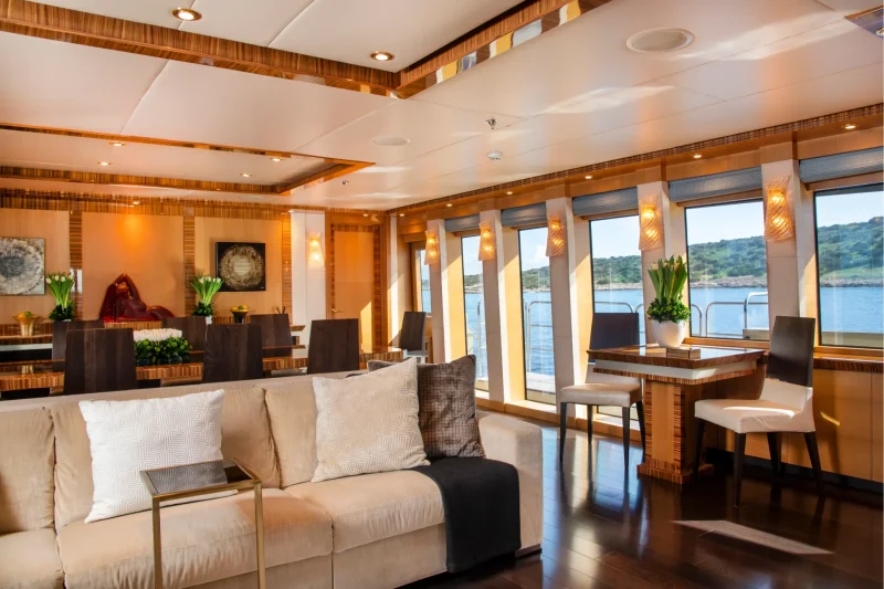 Floor to ceiling windows in main salon
