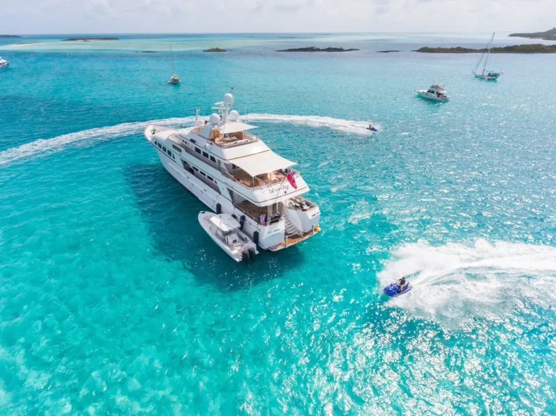 Lady J anchored with towed tender in the Bahamas